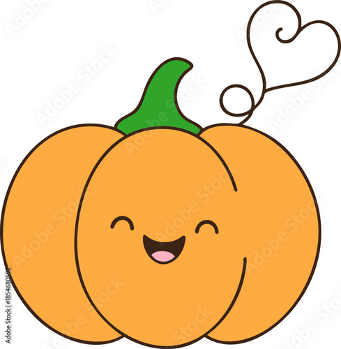 Cute pumpkin character with smiling face and green stem, radiating joy and warmth. Perfect for autumn themes
