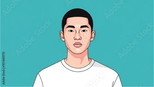 A young man is depicted in a simple illustration against a plain teal background.