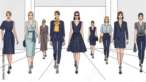 Fashion models walking down a white runway in various outfits and styles