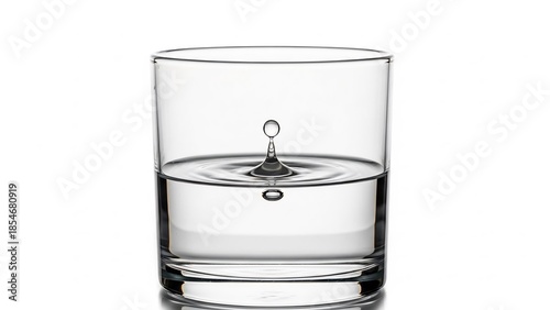 Water slowly drips into transparent glass with ripple