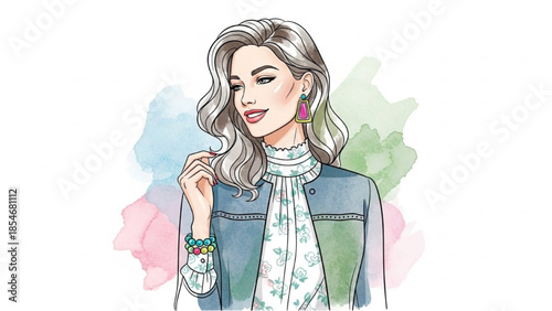 A young woman with wavy hair and stylish clothing posing in front of a colorful background