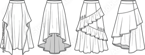 Asymmetrical skirt fashion illustration set, ruffled layers, high-low hemline, diagonal panels, garment design, black outline, isolated
