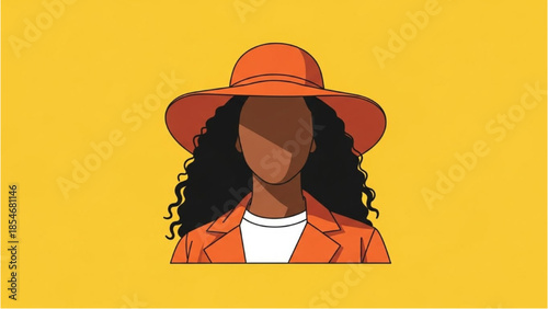 A woman wearing a hat and orange jacket is illustrated against a yellow background