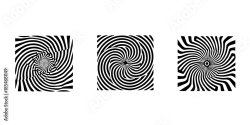Three black and white spiral patterns on white background