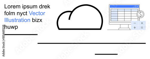 Cloud storage, financial management, data analysis, digital services, bookkeeping, technology. Cloud icon and desktop monitor with spreadsheet and currency symbol. Cloud storage and financial