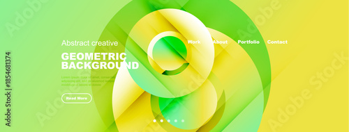 Bright abstract geometric background. Green, yellow hues create dynamic visual effect. Text elements present, navigation visible. Modern design.