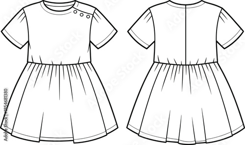 Children’s dress technical illustration set, puff sleeves, gathered skirt, shoulder buttons, front and back views, black outline, isolated