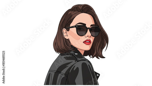 Illustration of a woman wearing sunglasses and a leather jacket, looking stylish and confident.