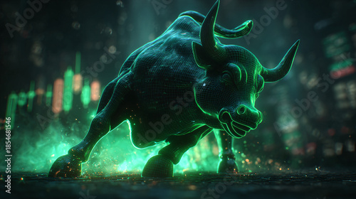 Digital rendering of a bull with glowing green highlights and a stock market background.