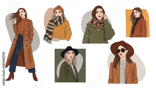 Fashionable women in stylish winter clothing and accessories posing for a portrait