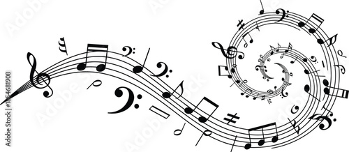 Abstract musical notes flowing in spiral wave illustration, creative melody rhythm concept, elegant black and white music design vector background