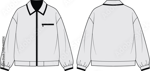 Jacket technical illustration set, front and back views, zip closure, chest pocket, gathered cuffs, black outline, isolated