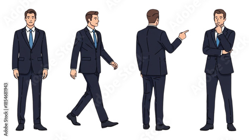 Illustration of a businessman in various poses and actions against a white background