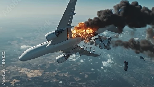 Airplane Mid Air Explosion Breaking Apart Mid Flight Over Land Below With Smoke and Debris Flying Through The Sky During Daytime With Clouds and Sunlight