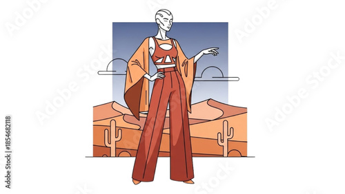Illustration of a person in a desert landscape with futuristic elements
