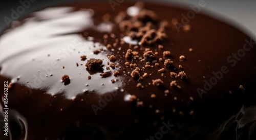 A tantalizing close-up captures the irresistible allure of a rich, dark chocolate cake, generously coated in a shimmering ganache and sprinkled with crunchy cocoa crumbs, promising a decadent culinary