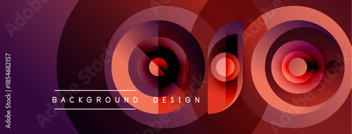 Abstract circles overlap, creating vibrant gradients. Purple, red hues dominate design. Minimal text present, modern aesthetic.