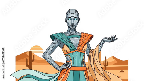 Robot standing confidently in a desert landscape with flowing robes and a futuristic design at sunset