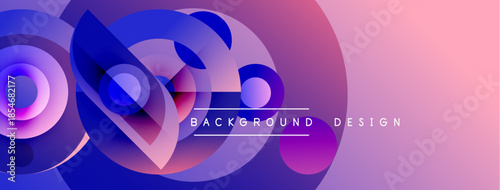 Abstract dynamic composition. Overlapping circles create flowing gradients, purple hues dominate design. Modern aesthetic, vibrant colors.