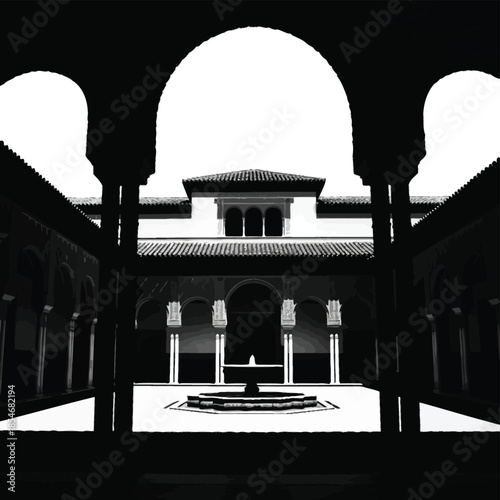 Black and white courtyard with fountain