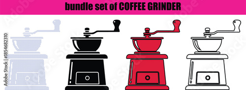 Coffee Grinder Silhouette with Minimalist Line Art Border and Abstract Dotted Pointillism Textures; Creative Dot Art and Outline Vector for Manual Burr Grinder Branding.