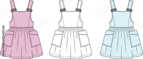 Pinafore dress illustration set, buckle straps, gathered skirt, front pockets, color and template views, black outline, isolated