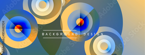 Abstract colorful circles overlap creating dynamic background. Gradient hues blend, offering modern visual appeal. Simple text reads background design.