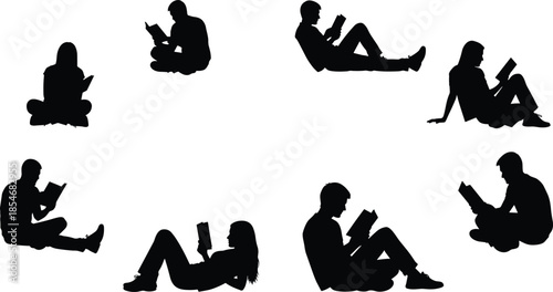 People reading books silhouettes in different sitting poses, education lifestyle concept illustration, students relaxing studying isolated on white background design