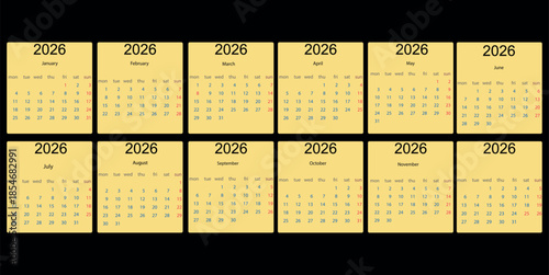 2026 Monthly calendar 12 months template on white background. Minimalist design layout calendar week starts on sunday. Use for New year, business, print.