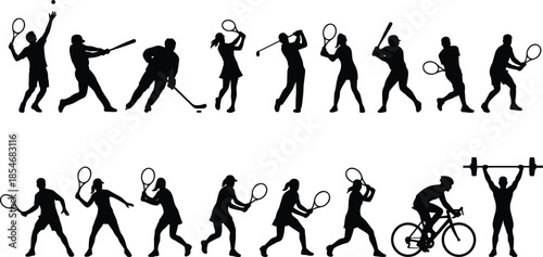 Sports player silhouettes collection, multiple athletic activities, men women fitness actions, tennis cycling weightlifting hockey baseball, black illustration