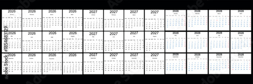 2026 Monthly calendar 12 months template on white background. Minimalist design layout calendar week starts on sunday. Use for New year, business, print.