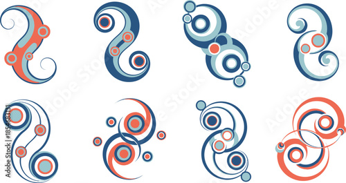 Stylized swirls and circles in blue and coral