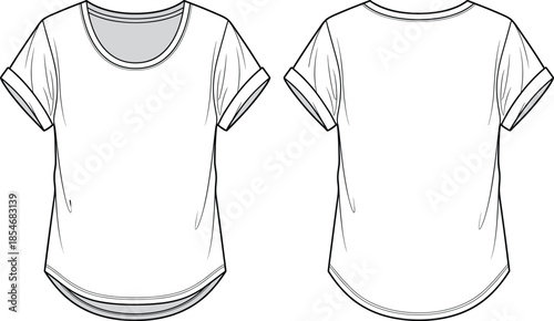 Short-sleeved t-shirt technical illustration set, front and back views, rolled sleeves, curved hemline, black outline, isolated