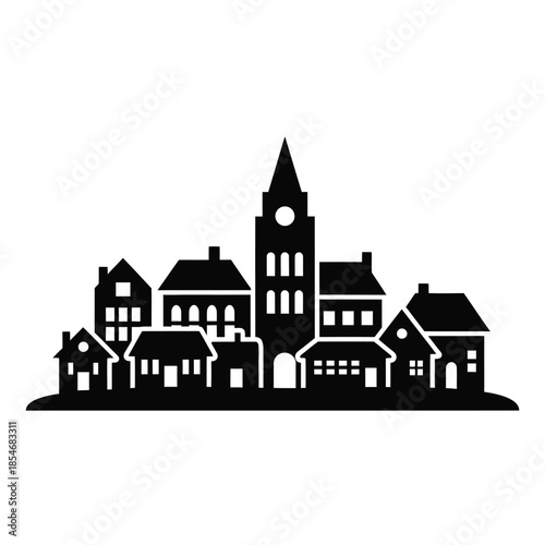 Silhouette of a town with clock tower