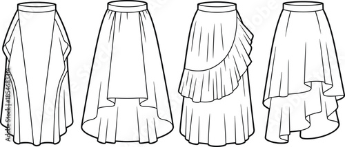 Skirt illustration set, high-low hem, ruffles, pleats, layered panels, asymmetry, fashion sketch, black outline, isolated, vector