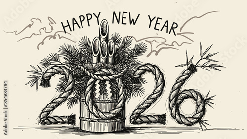 Hand drawn shimekazari illustration, japanese new year decoration for 2026, featuring twisted rope and pine branches