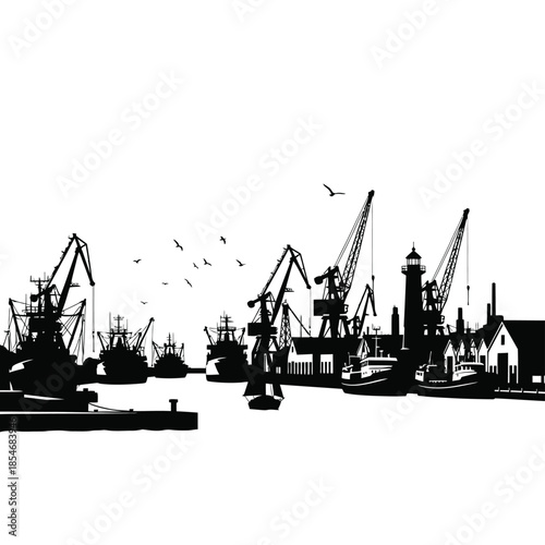 Black and white silhouette of a busy harbor