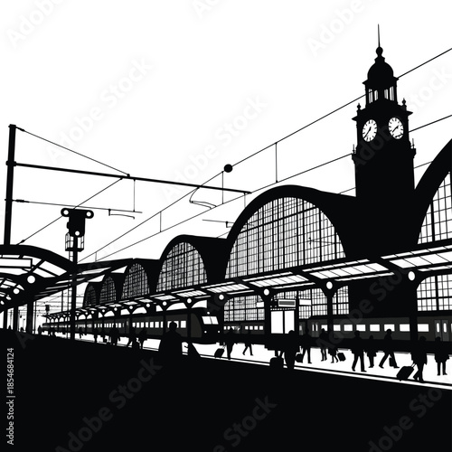 Silhouette of a busy train station