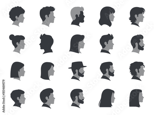 Diverse collection of gray silhouettes depicting various human head profiles