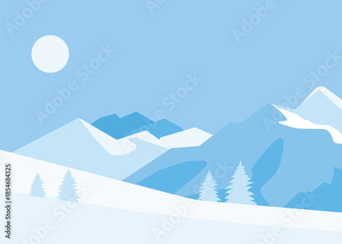 Serene Blue Mountain Landscape with Snowy Peaks and Minimalist Winter Scenery