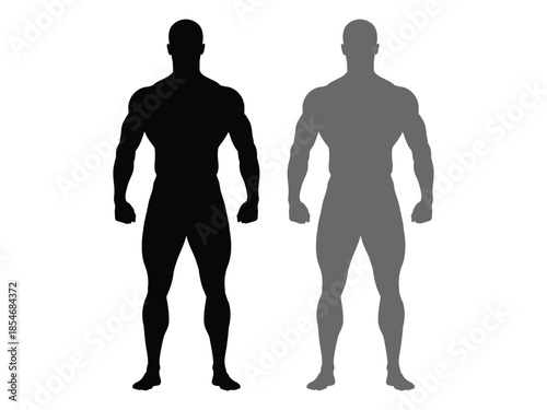 Two muscular male silhouettes one black and one gray facing forward