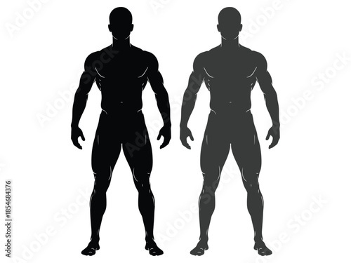 Two muscular male silhouettes facing forward depicted in black against white