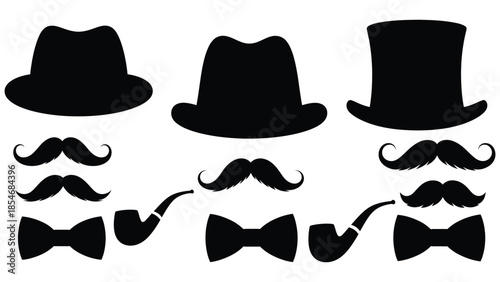 A collection of vintage hats mustaches and bow ties in silhouette