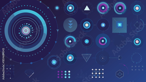 Abstract futuristic interface elements with glowing circles and geometric shapes
