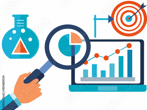 Data analysis and scientific research concepts with charts targets and a laptop