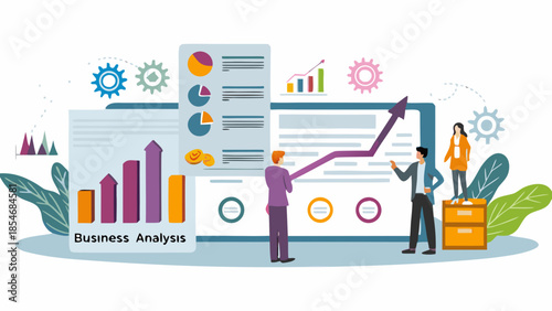 Business analysis and data visualization concept with people and growth charts