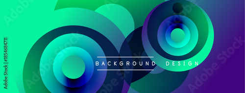 Abstract vibrant layers create dynamic composition. Circular shapes blend turquoise, purple, green hues. Modern design element.