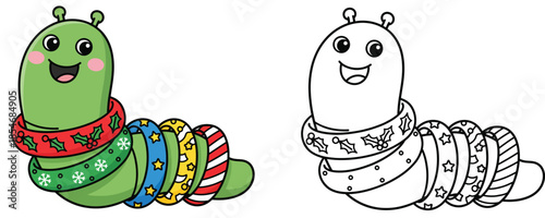 Adorable Christmas caterpillar vector picture for a coloring page Isolated on a white backdrop this humorous green worm has rings with seasonal patterns An outline
