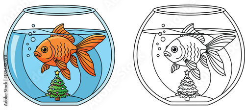 Adorable vector artwork of a miniature Christmas tree and goldfish in a fishbowl Isolated on a white backdrop is an outline version of an orange fish aquarium holiday scene from a coloring book