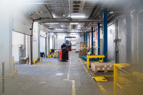 Obraz na płótnie Worker moving cartons with pallet truck in refrigerated logistics warehouse, ens
